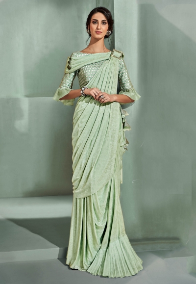 Pista green lycra party wear saree with frill sleeve  5313